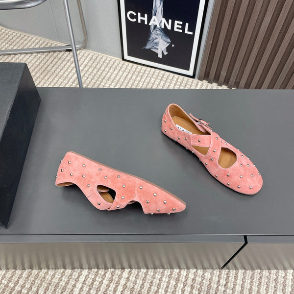 Alaia 2025 Criss Cross With Stud Ballet Flats Pink Suede 293216