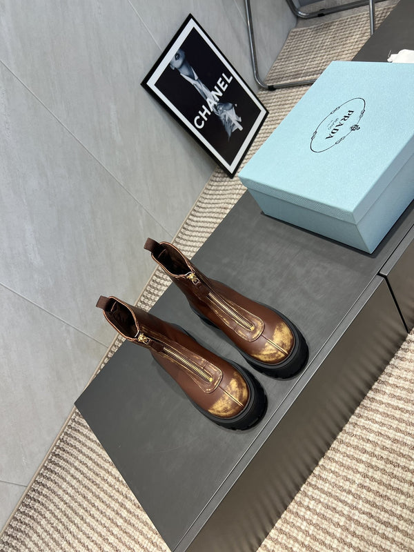 Prada 25 Martin Boots Brown Black Cowhide 501672