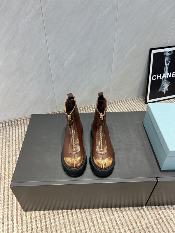 Prada 25 Martin Boots Brown Black Cowhide 501672