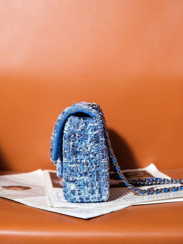 24S Flap Bag 20cm Blue White Sequin Calfskin