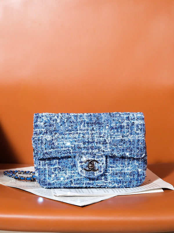 24S Flap Bag 20cm Blue White Sequin Calfskin