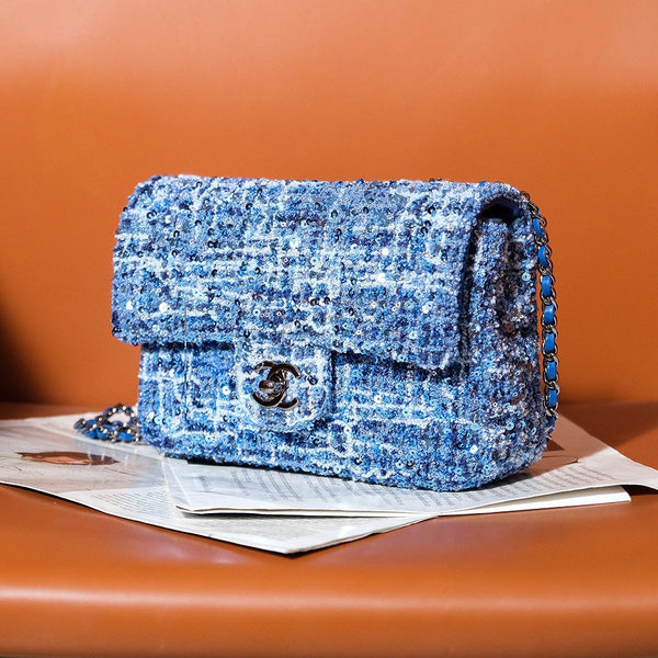 24S Flap Bag 20cm Blue White Sequin Calfskin