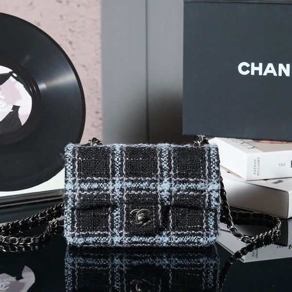 24K Flap Bag 20cm Blue Black Stripe Tweed