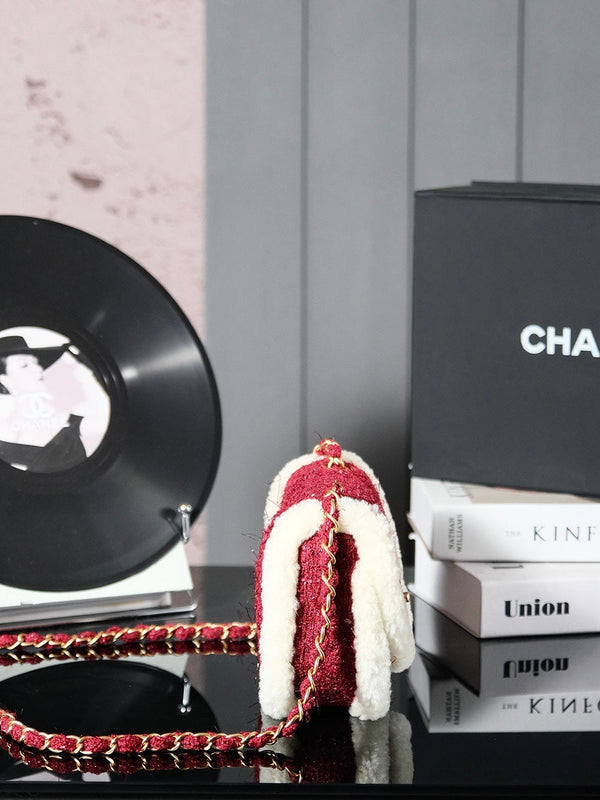 CC 24N Flap Bag 20cm Red Beige Tweed Sherling