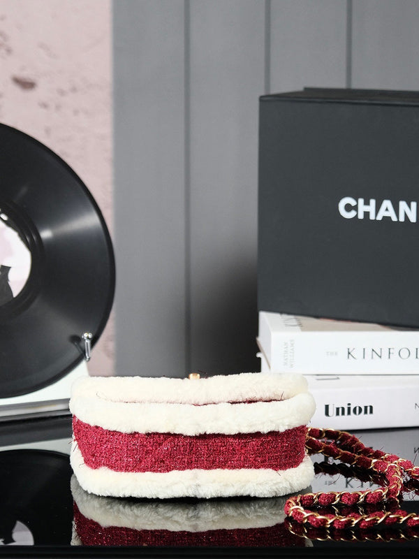 CC 24N Flap Bag 20cm Red Beige Tweed Sherling