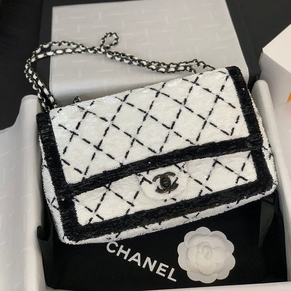 CC 2025 Flap Bag Black White Sequin 298964