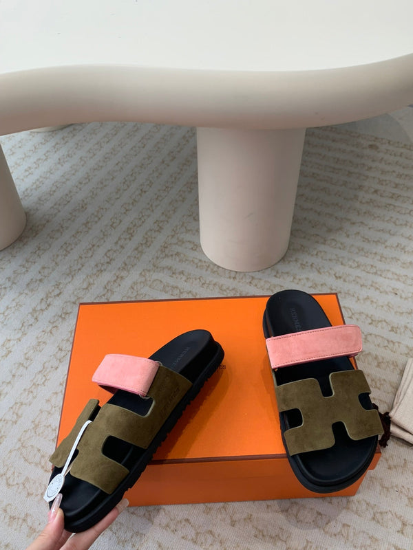 chypre sandal olive pink suede black calfskin