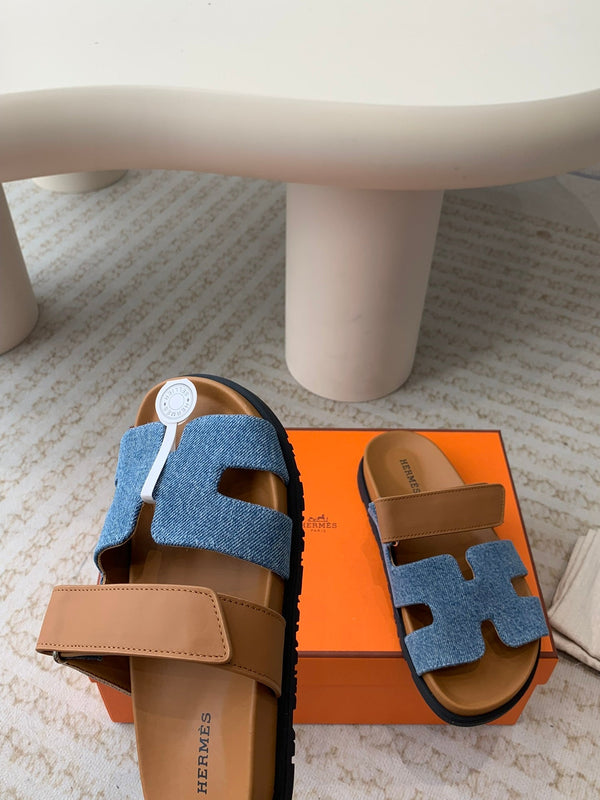 chypre sandal blue denim brown calfskin