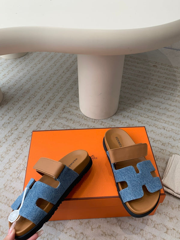 chypre sandal blue denim brown calfskin