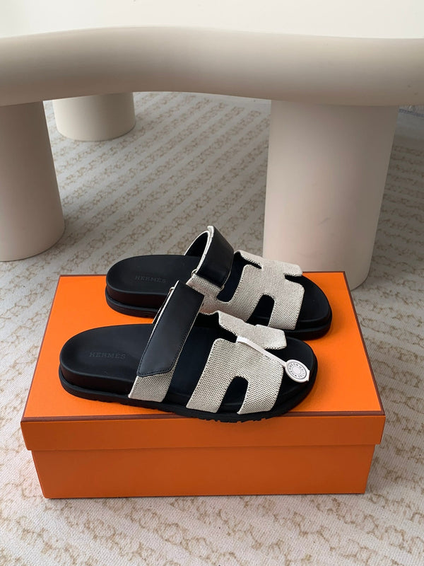 chypre sandal white canvas black calfskin