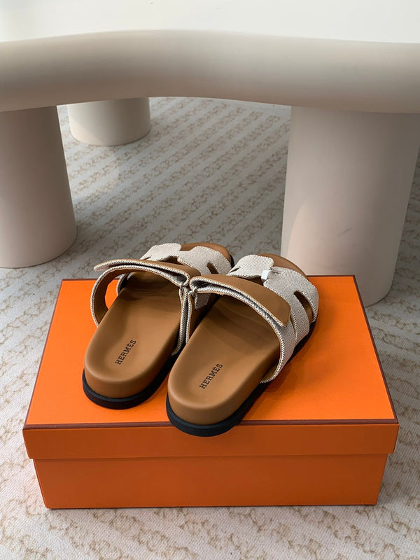 chypre sandal white canvas brown calfskin