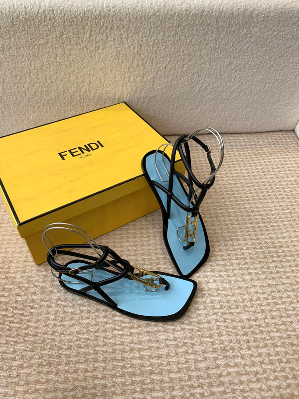 FENDI O'LOCK THONG SANDAL BLACK AND BLUE CALFSKIN WITH GOLD HARDWARE