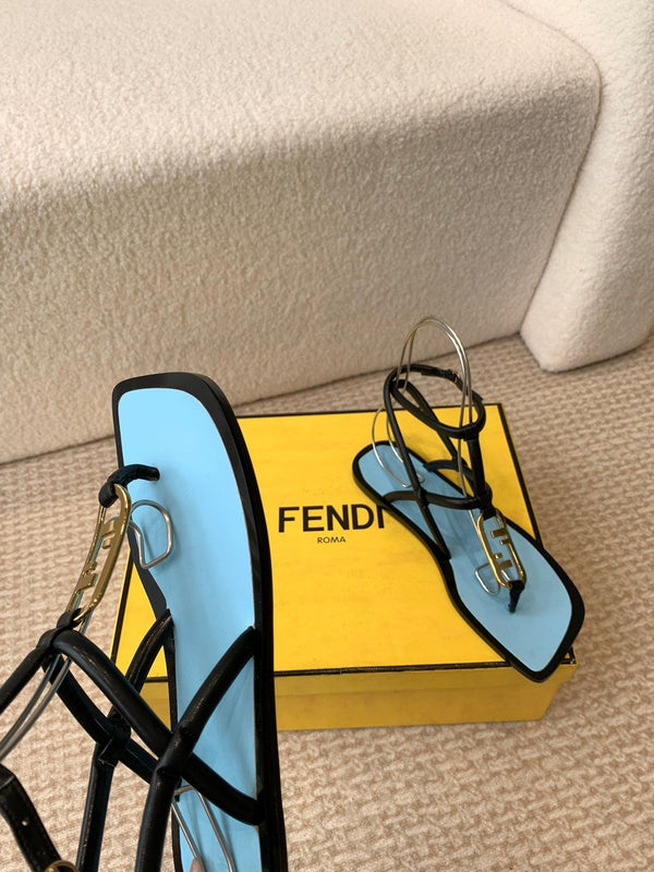 FENDI O'LOCK THONG SANDAL BLACK AND BLUE CALFSKIN WITH GOLD HARDWARE