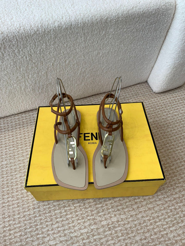 FENDI O'LOCK THONG SANDAL BROWN CALFSKIN WITH GOLD HARDWARE