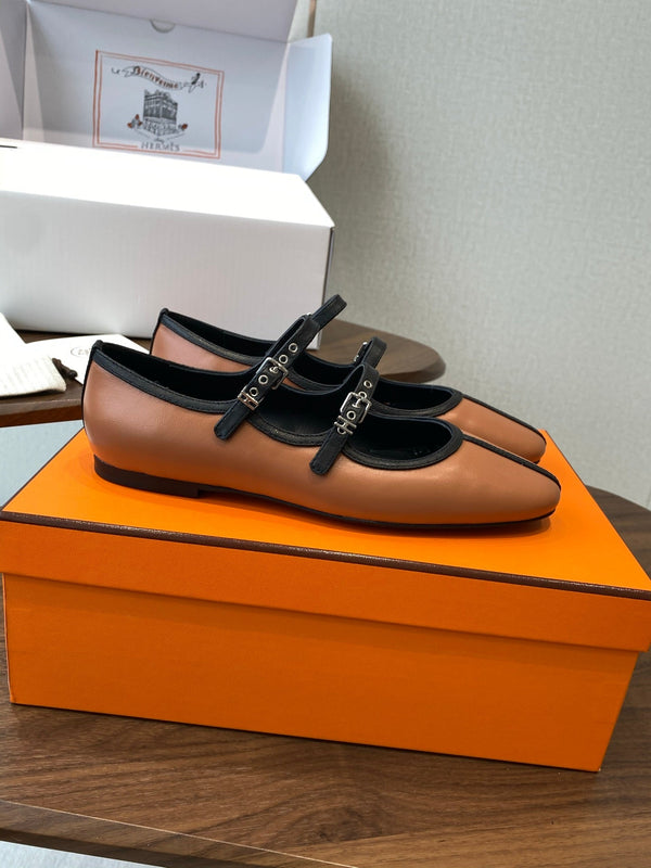 HM 25s Mary Jane Double Strap Camel Black Calfskin 422564