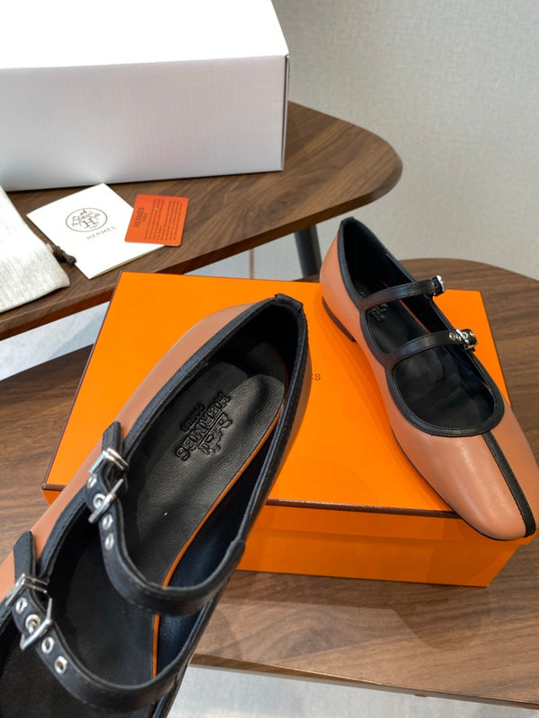 HM 25s Mary Jane Double Strap Camel Black Calfskin 422564