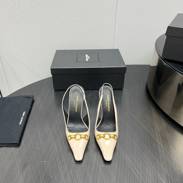 GOLD CHAIN ATTACHED HIGH SLINGBACK IN CREAM GLOSSY CALFSKIN