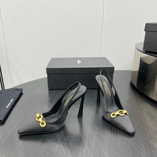 GOLD CHAIN ATTACHED HIGH SLINGBACK IN BLACK SILK