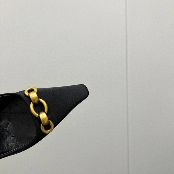 GOLD CHAIN ATTACHED HIGH SLINGBACK IN BLACK SILK