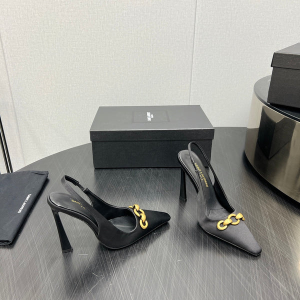 GOLD CHAIN ATTACHED HIGH SLINGBACK IN BLACK SILK