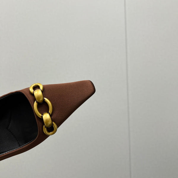 GOLD CHAIN ATTACHED HIGH SLINGBACK IN TOFFEE BROWN SILK