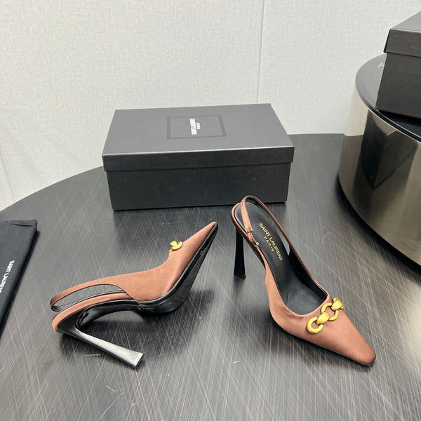 GOLD CHAIN ATTACHED HIGH SLINGBACK IN TOFFEE BROWN SILK