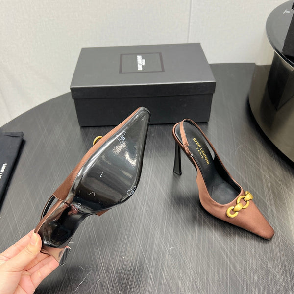 GOLD CHAIN ATTACHED HIGH SLINGBACK IN TOFFEE BROWN SILK