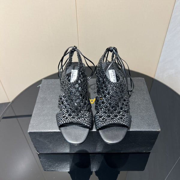 Alaia 25 Round-toe Braided Wedge Sandals 75mm Black Woven Leather 433565