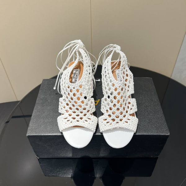Alaia 25 Round-toe Braided Wedge Sandals 75mm White Woven Leather 433566