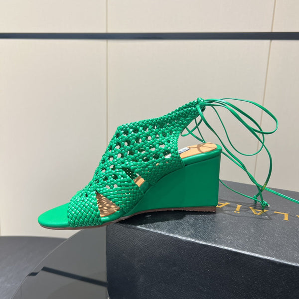 Alaia 25 Round-toe Braided Wedge Sandals 75mm Green Woven Leather 433567