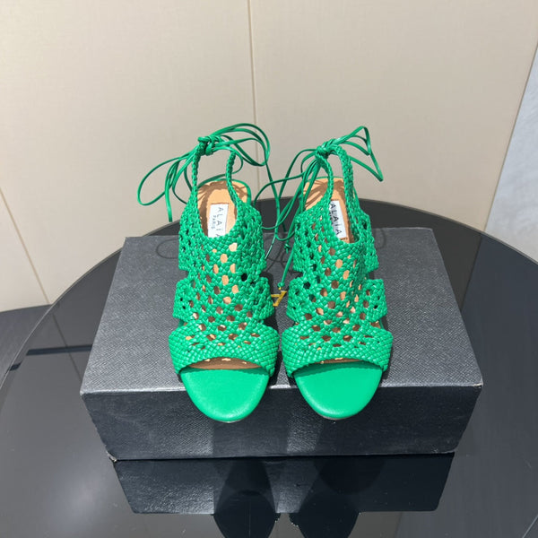 Alaia 25 Round-toe Braided Wedge Sandals 75mm Green Woven Leather 433567