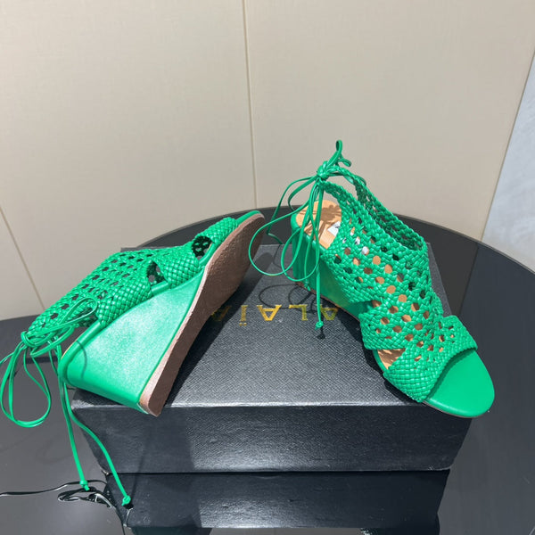 Alaia 25 Round-toe Braided Wedge Sandals 75mm Green Woven Leather 433567