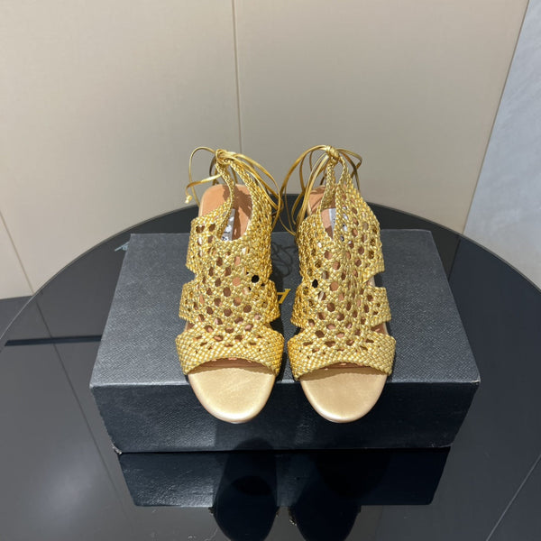 Alaia 25 Round-toe Braided Wedge Sandals 75mm Gold Metallic Woven Leather433569