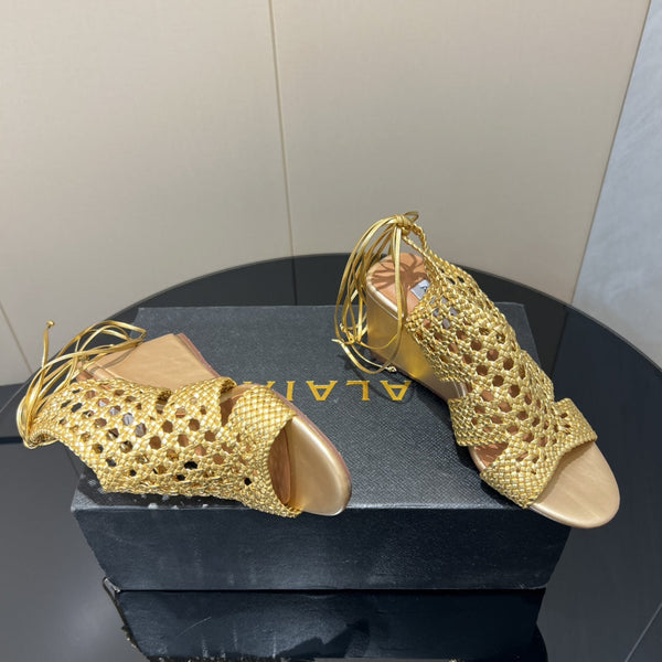 Alaia 25 Round-toe Braided Wedge Sandals 75mm Gold Metallic Woven Leather433569