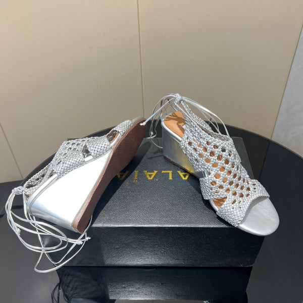 Alaia 25 Round-toe Braided Wedge Sandals 75mm Silver Metallic Woven Leather433570