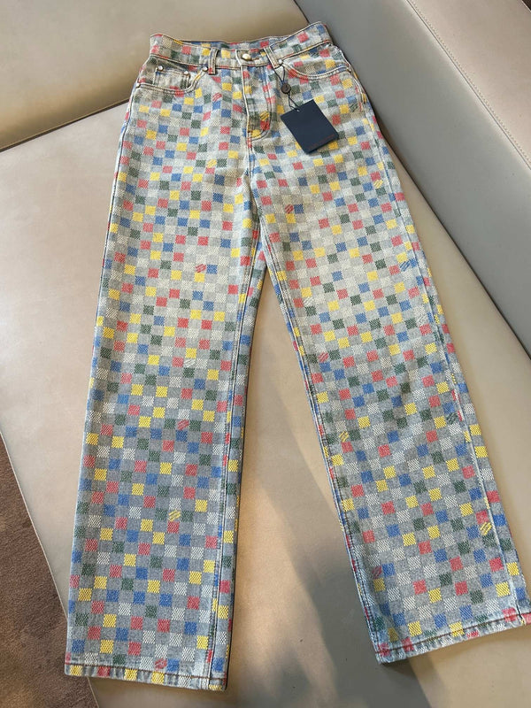LV Checkerboard Design Jeans Multicolor Cotton
