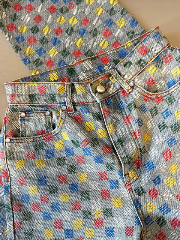 LV Checkerboard Design Jeans Multicolor Cotton