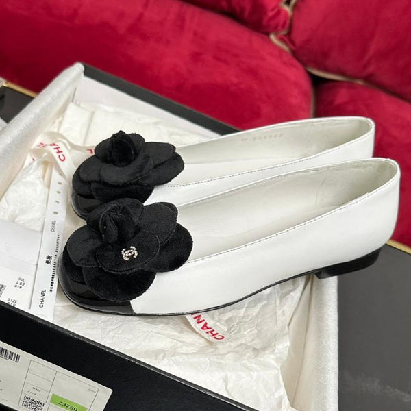 ballet flat black flower white calfskin