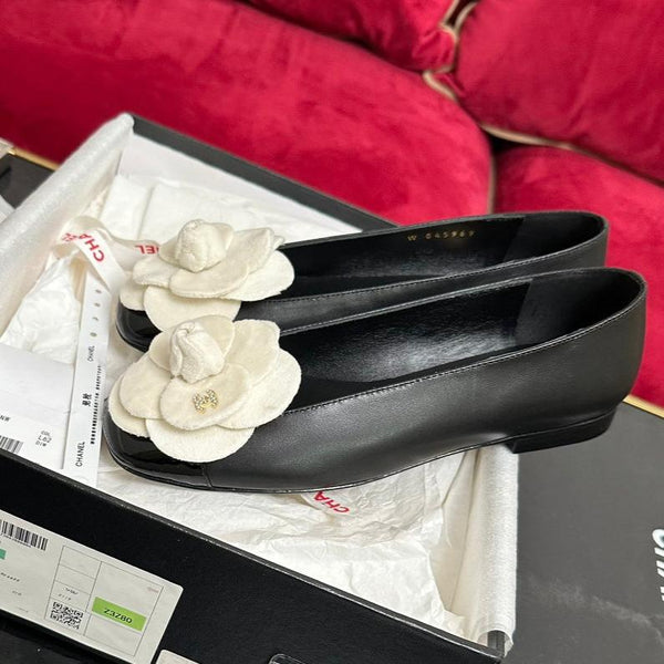 ballet flat white flower black calfskin