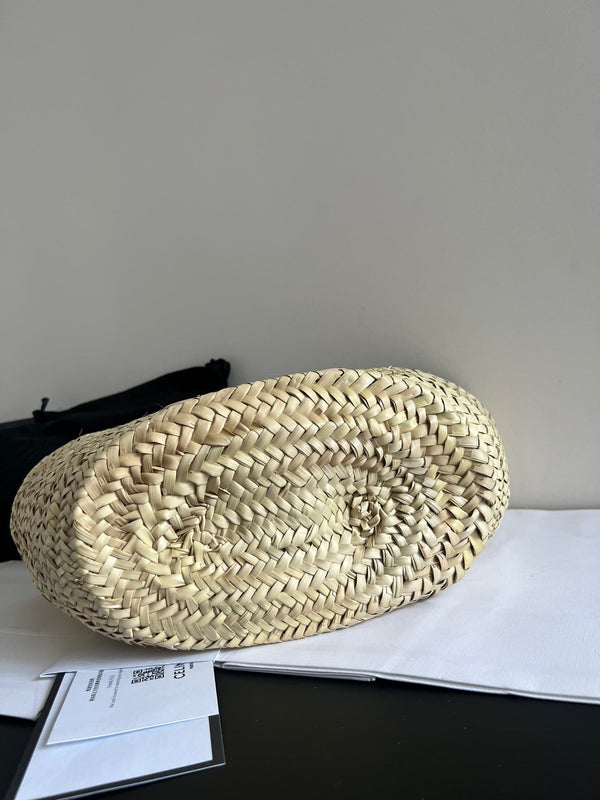 medium classic panier 25cm raffia and tan calfskin