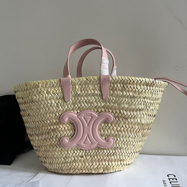 medium classic panier 25cm raffia and tan calfskin