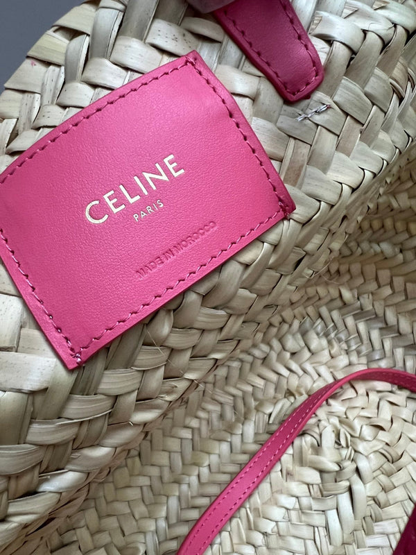 medium classic panier 25cm raffia and dark pink calfskin