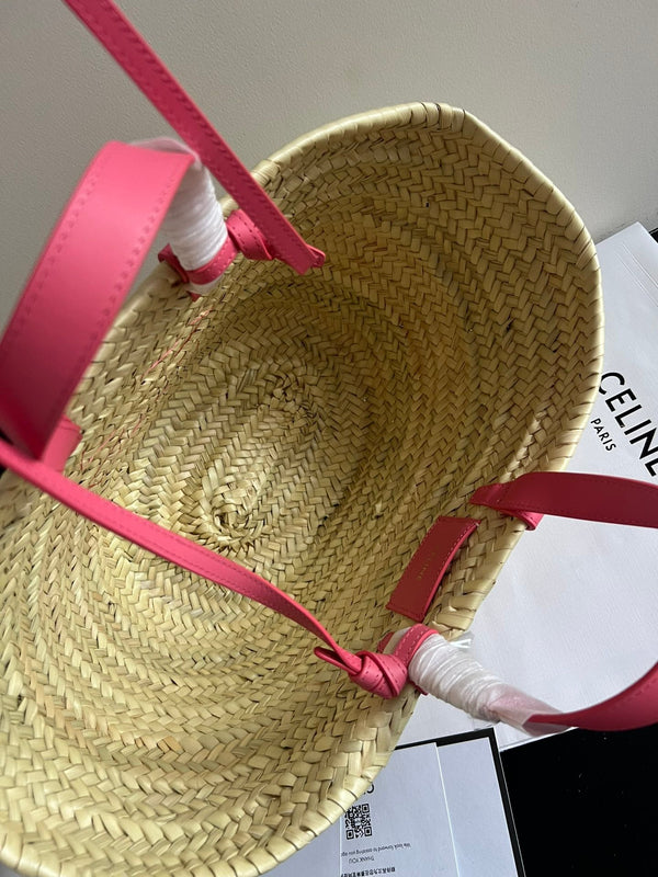 medium classic panier 25cm raffia and dark pink calfskin