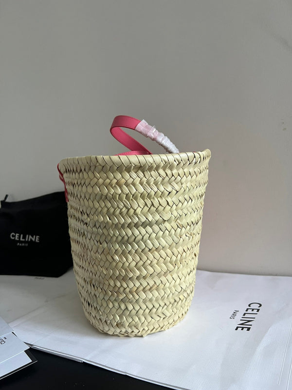 medium classic panier 25cm raffia and dark pink calfskin