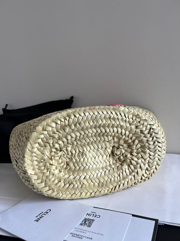 medium classic panier 25cm raffia and dark pink calfskin