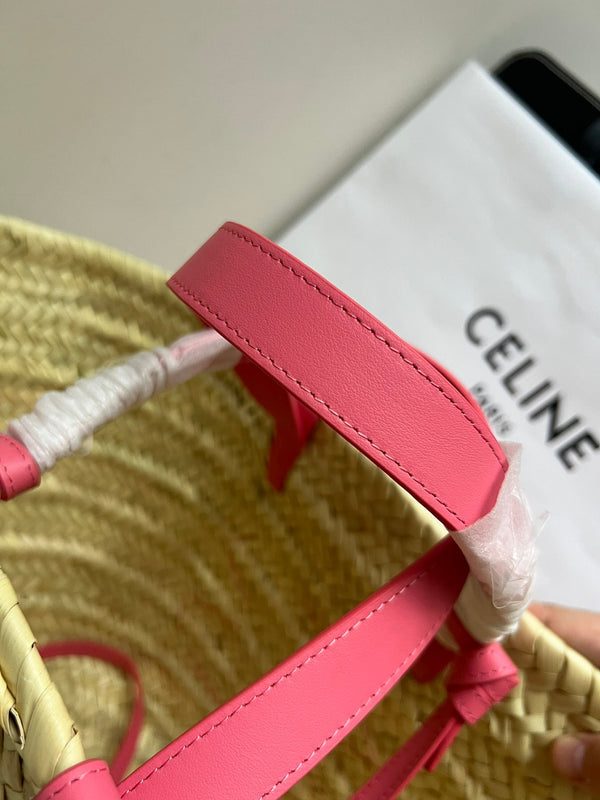 medium classic panier 25cm raffia and dark pink calfskin