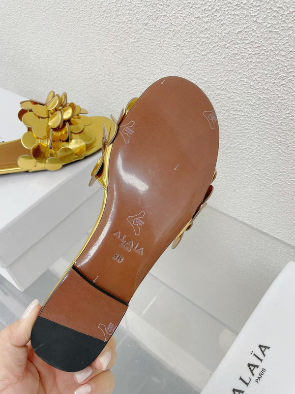 alaia sandal mule flower gold metalic lambskin