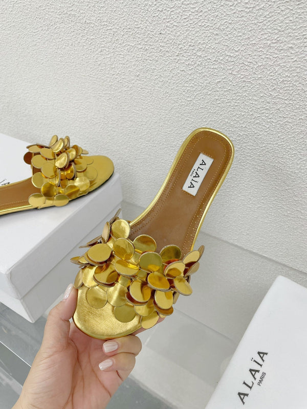 alaia sandal mule flower gold metalic lambskin