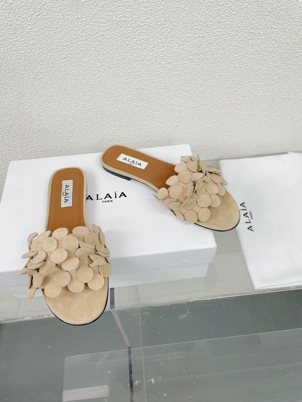 alaia sandal mule flower beige suede