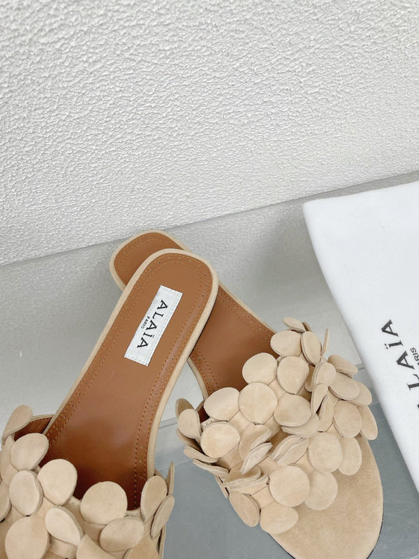 alaia sandal mule flower beige suede